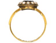 Victorian 15ct Gold & Black Enamel Ring with Onyx Flower Surrounded by Natural Split Pearls