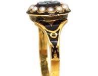 Victorian 15ct Gold & Black Enamel Ring with Onyx Flower Surrounded by Natural Split Pearls