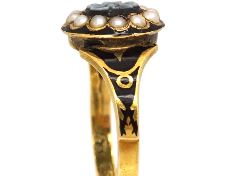 Victorian 15ct Gold & Black Enamel Ring with Onyx Flower Surrounded by Natural Split Pearls