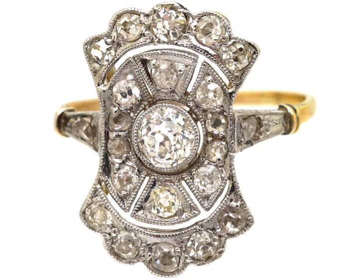 Art Deco 18ct Gold & Platinum Curved Plaque Ring set with Diamonds