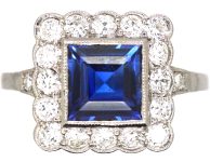 Art Deco 18ct White Gold Square Ring set with a Sapphire & Diamonds