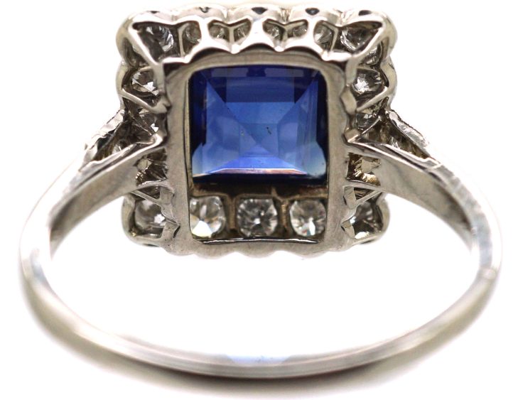 Art Deco 18ct White Gold Square Ring set with a Sapphire & Diamonds