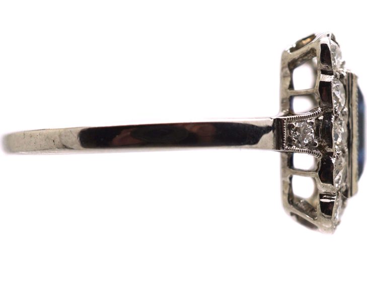 Art Deco 18ct White Gold Square Ring set with a Sapphire & Diamonds