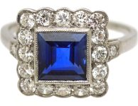 Art Deco 18ct White Gold Square Ring set with a Sapphire & Diamonds