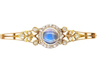 Edwardian 15ct Gold Bangle set with a Cabochon Moonstone & Diamonds