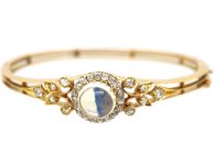 Edwardian 15ct Gold Bangle set with a Cabochon Moonstone & Diamonds