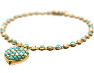 Victorian 15ct Gold Bracelet with Weeping Heart Locket set with Turquoise & Natural Split Pearls