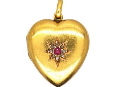 Edwardian 15ct Gold Heart Locket set with a Ruby & Rose Diamonds