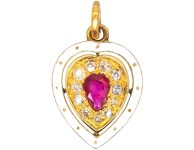 Victorian 15ct Gold & White Enamel Heart Pendant set with a Ruby & Diamonds
