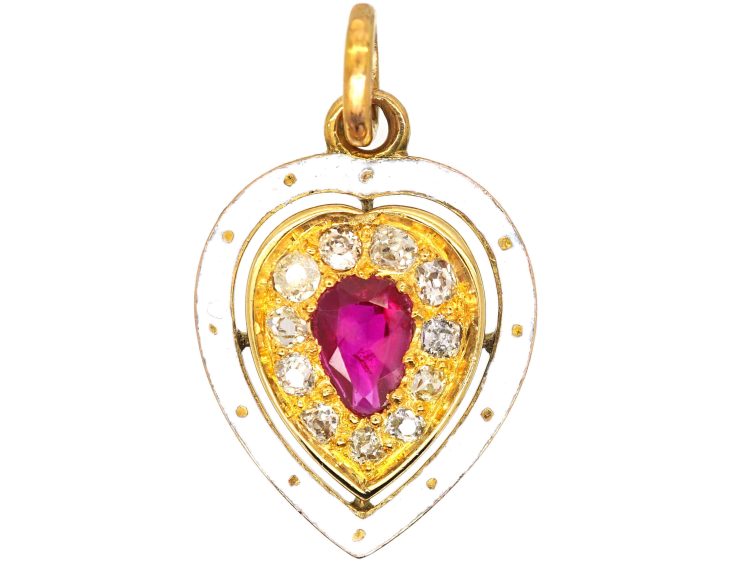 Victorian 15ct Gold & White Enamel Heart Pendant set with a Ruby & Diamonds