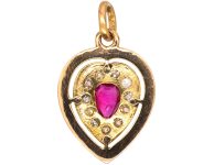 Victorian 15ct Gold & White Enamel Heart Pendant set with a Ruby & Diamonds