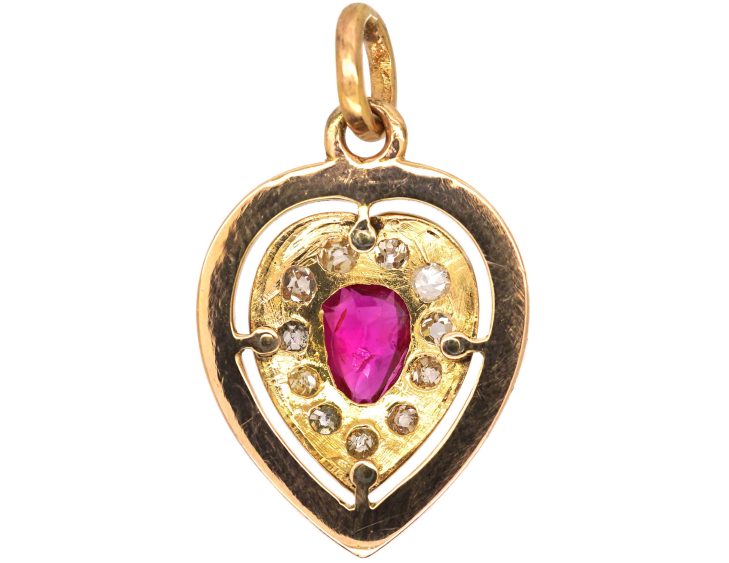 Victorian 15ct Gold & White Enamel Heart Pendant set with a Ruby & Diamonds