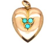 Edwardian 9ct Gold & Three Leaf Clover Heart Pendant set with Turquoise