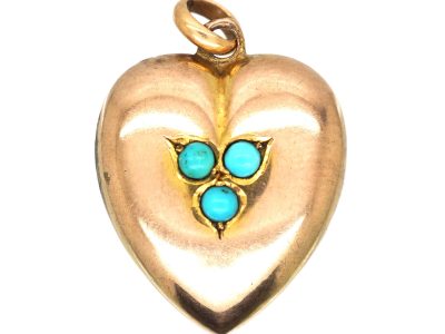 Edwardian 9ct Gold & Three Leaf Clover Heart Pendant set with Turquoise