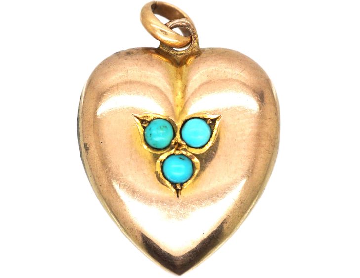 Edwardian 9ct Gold & Three Leaf Clover Heart Pendant set with Turquoise