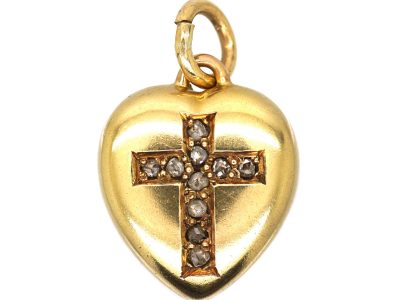 Victorian 15ct Gold Heart Pendant with Diamond Cross Motif