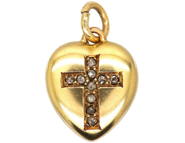Victorian 15ct Gold Heart Pendant with Diamond Cross Motif