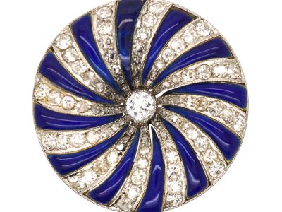 Late 19th Century 18ct Gold & Platinum, Diamond & Blue Enamel Round Catherine Wheel Brooch