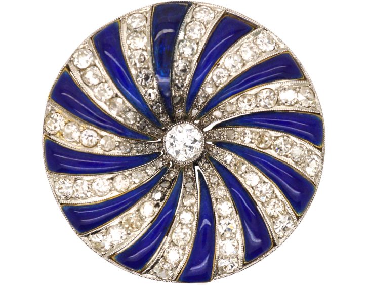 Late 19th Century 18ct Gold & Platinum, Diamond & Blue Enamel Round Catherine Wheel Brooch