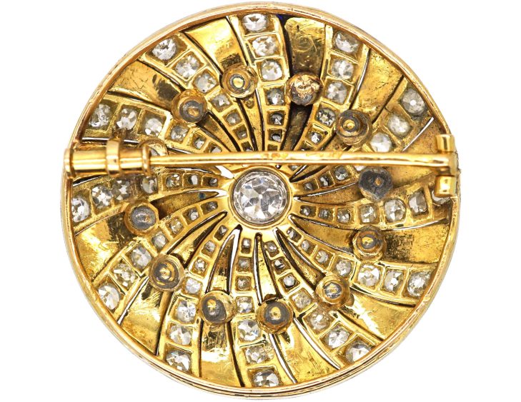 Late 19th Century 18ct Gold & Platinum, Diamond & Blue Enamel Round Catherine Wheel Brooch
