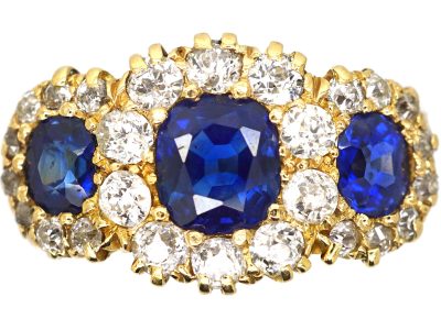 Victorian 18ct Gold Triple Cluster Ring set with Sapphires & Diamonds