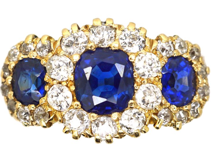 Victorian 18ct Gold Triple Cluster Ring set with Sapphires & Diamonds