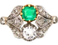 Edwardian 18ct Gold & Platinum, Two Stone Diamond & Emerald Ring with Ornate Shoulders