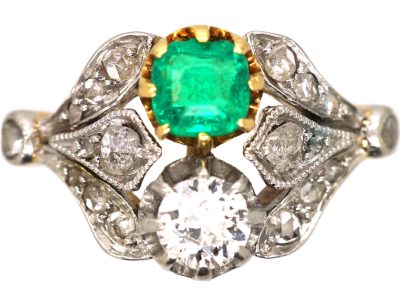 Edwardian 18ct Gold & Platinum, Two Stone Diamond & Emerald Ring with Ornate Shoulders