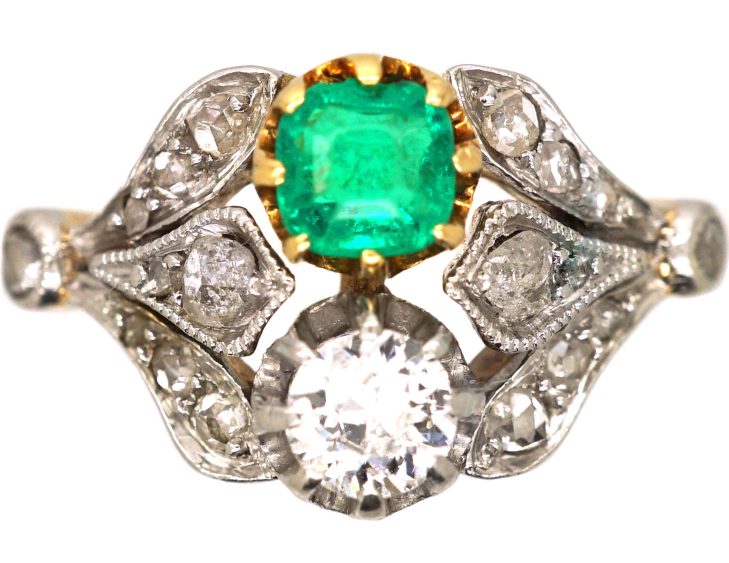 Edwardian 18ct Gold & Platinum, Two Stone Diamond & Emerald Ring with Ornate Shoulders