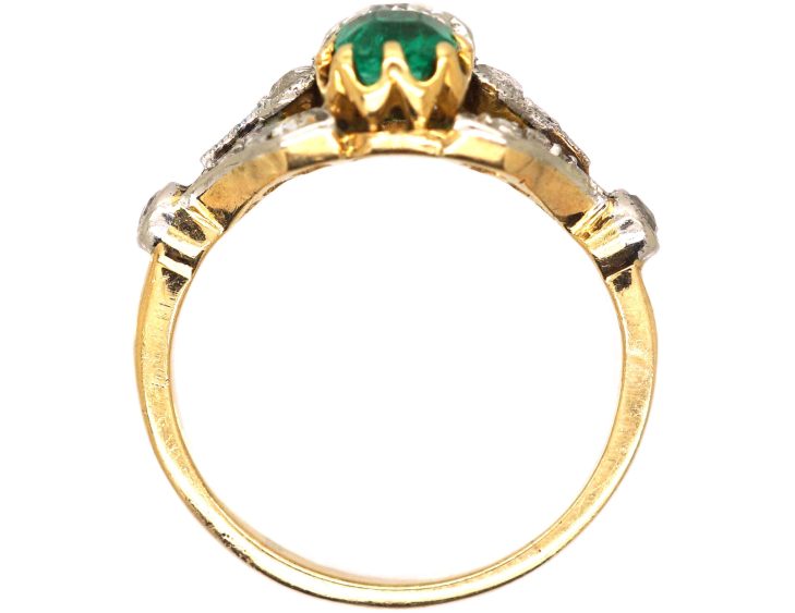 Edwardian 18ct Gold & Platinum, Two Stone Diamond & Emerald Ring with Ornate Shoulders