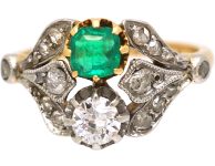 Edwardian 18ct Gold & Platinum, Two Stone Diamond & Emerald Ring with Ornate Shoulders