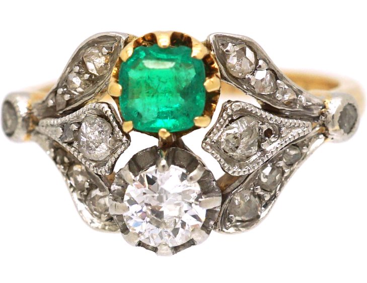 Edwardian 18ct Gold & Platinum, Two Stone Diamond & Emerald Ring with Ornate Shoulders