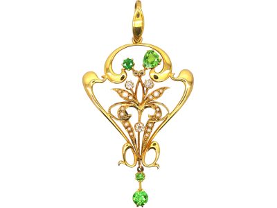 Art Nouveau 15ct Gold Pendant set with Green Garnets, Diamonds & Natural Split Pearls