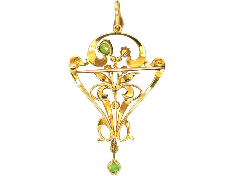 Art Nouveau 15ct Gold Pendant set with Green Garnets, Diamonds & Natural Split Pearls