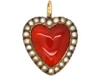 Georgian Gold & Carnelian Heart Pendant with Natural Split Pearl Surround