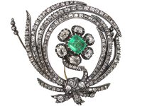Georgian Large Gold & Silver Emerald & Old Mine Cut Diamond En Tremblant Flower Brooch