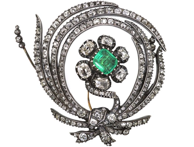 Georgian Large Gold & Silver Emerald & Old Mine Cut Diamond En Tremblant Flower Brooch