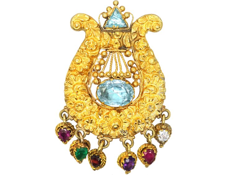 Georgian 15ct Gold Lyre Brooch Spelling Regard