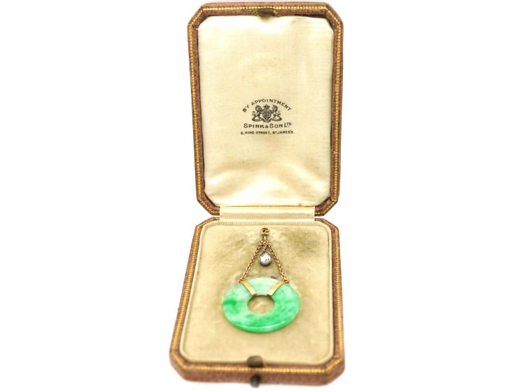 Art Deco Jade, 15ct Gold & Diamond Pendant in Original Case from Spinks