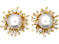 18ct Gold Large Cluster Earrings set with Cultured Pearls & Diamonds