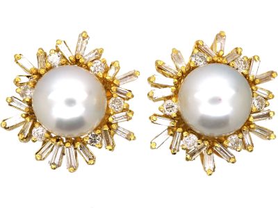18ct Gold Large Cluster Earrings set with Cultured Pearls & Diamonds