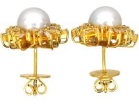 18ct Gold Large Cluster Earrings set with Cultured Pearls & Diamonds