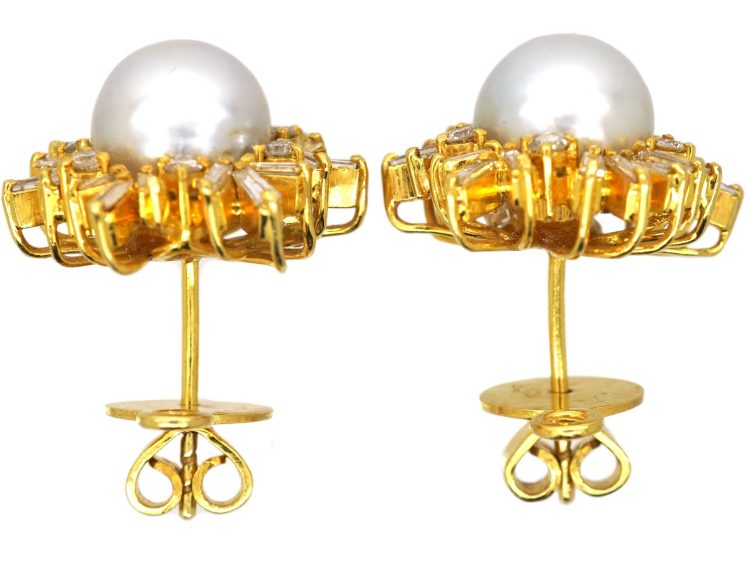 18ct Gold Large Cluster Earrings set with Cultured Pearls & Diamonds