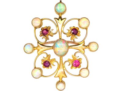 Edwardian 9ct Gold Pendant Brooch set with Opals & Rubies