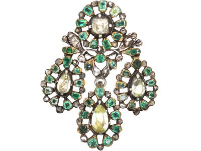 18th Century Silver & Gold Girandole Pendant set with Rose Diamonds, Rock Crystal & Emeralds