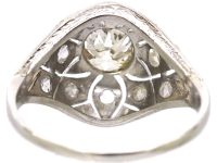 Art Deco Platinum Pierced Bombè Cluster Ring set with a Pale Yellow Diamond & Rose Diamonds