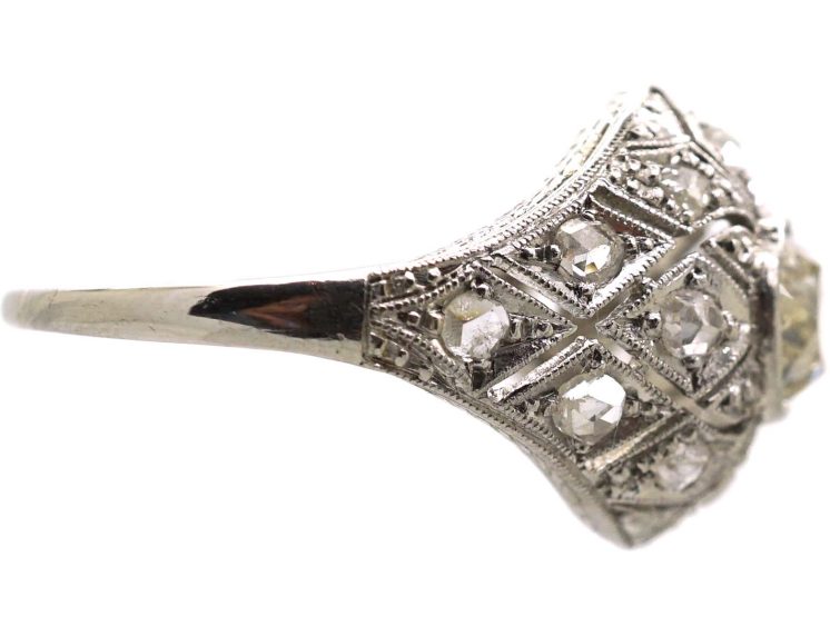 Art Deco Platinum Pierced Bombè Cluster Ring set with a Pale Yellow Diamond & Rose Diamonds