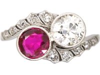 Early 20th Century Platinum, Ruby & Diamond Crossover Ring