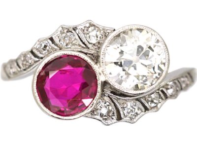 Early 20th Century Platinum, Ruby & Diamond Crossover Ring