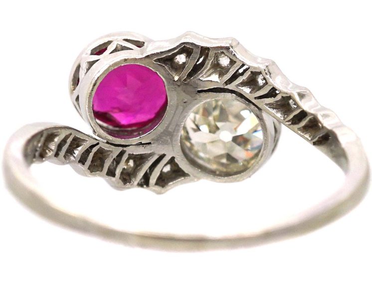 Early 20th Century Platinum, Ruby & Diamond Crossover Ring
